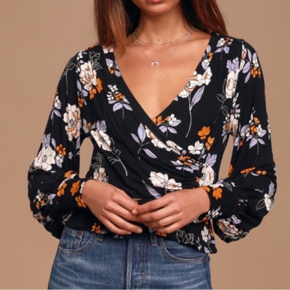 Free People shirt Saturday night black floral wrap top XS NeW stretch